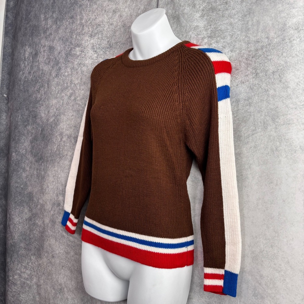 Vintage Andros Acrylic Red White Blu Brown‎ Striped Sweater - Picture 2 of 8